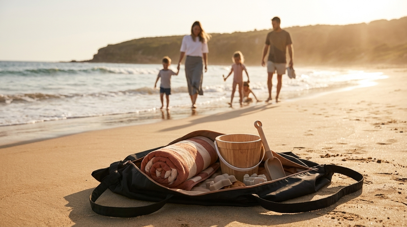 Plio open on beach sand holding beach gear at golden hour