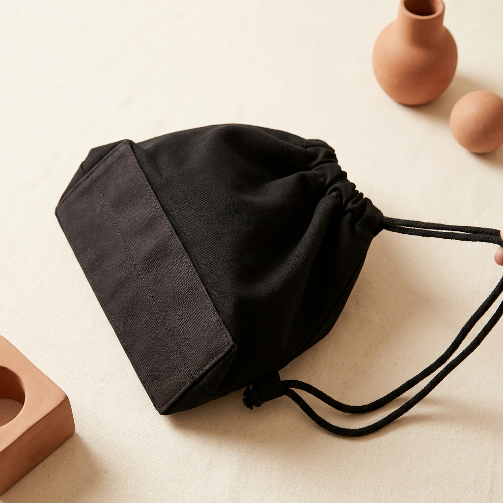 Pilo foldaway bag showing reinforced base and one-pull drawstring close